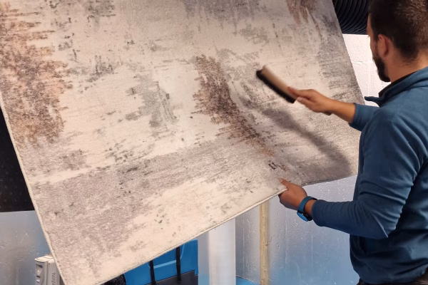 Rug being dried and groomed in Prestige Rug Cleaning’s climate-controlled dry room London